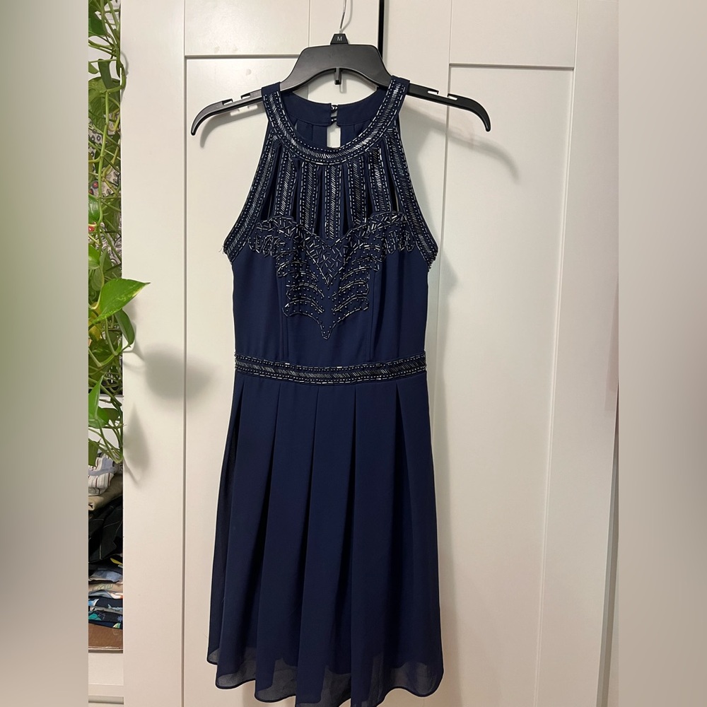 Tfnc London Size S Navy Knee-Length Sheath Dress Sleeveless CrystalsTfnc